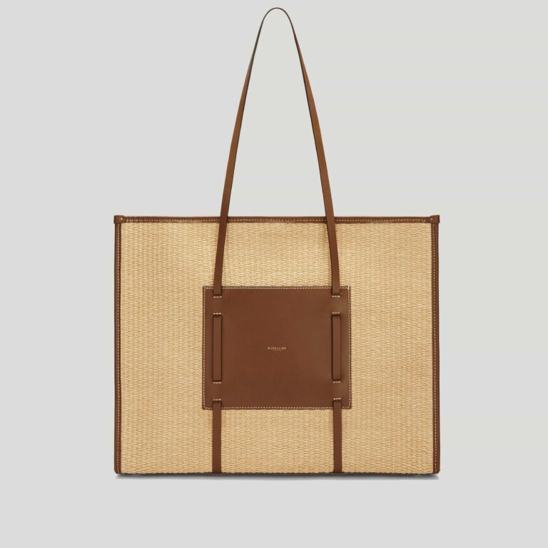 DeMellier Large Capri raffia tote front view in warm raffia with tan smooth leather trim