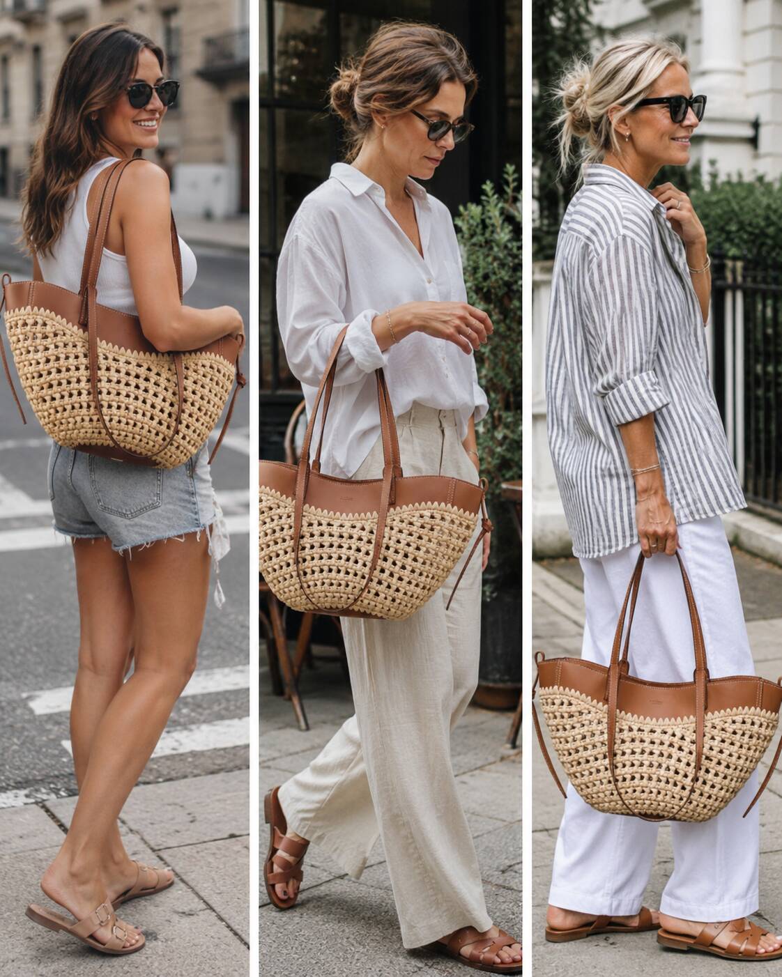Polène Cyme Mini Edition Raffia bag worn by women in their late 20s, mid 30s, and 40s — café styling
