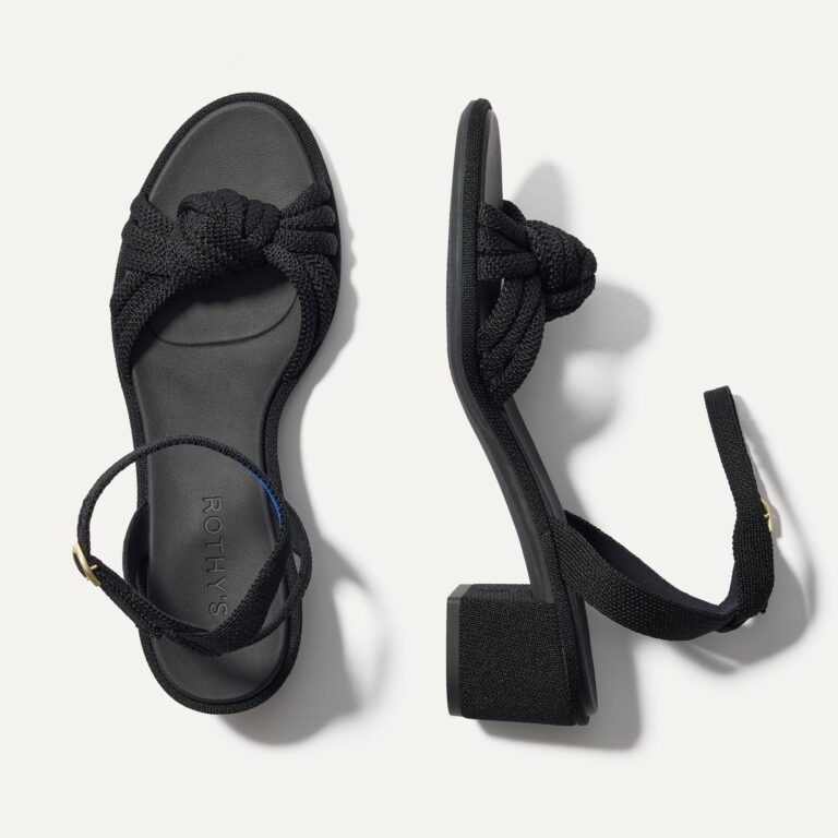 Rothy's The Knot Sandal in black recycled knit with 2-inch block heel, overhead studio shot