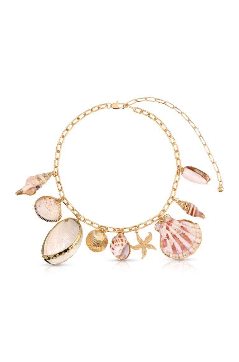 Assorted natural seashells on a gold summer statement necklace