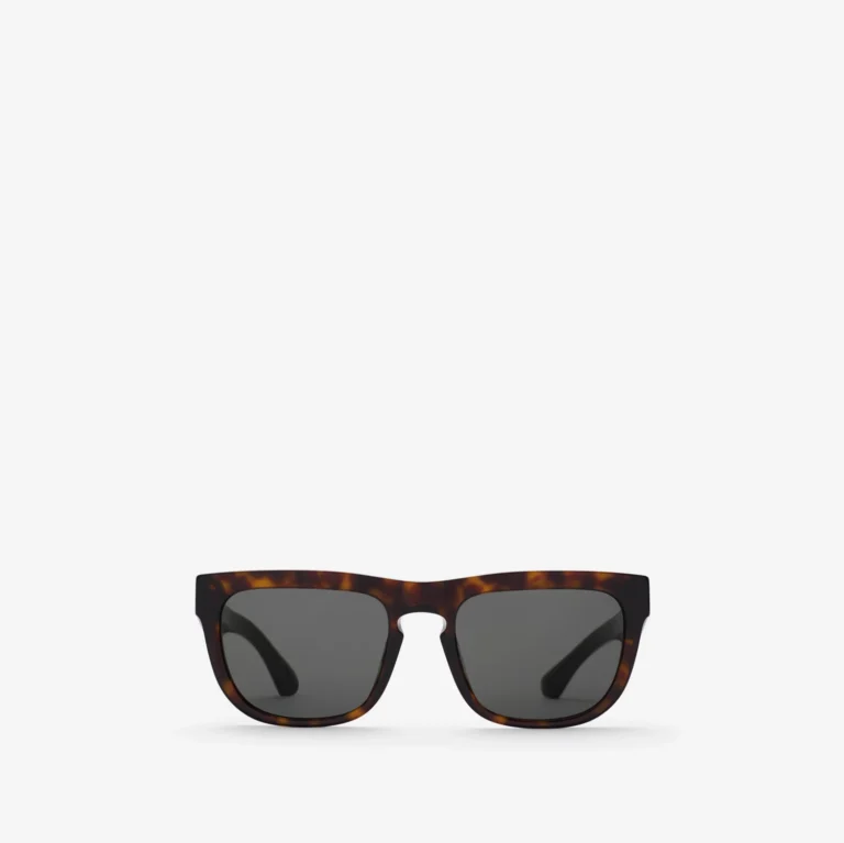 Burberry square acetate sunglasses in dark havana on a light background