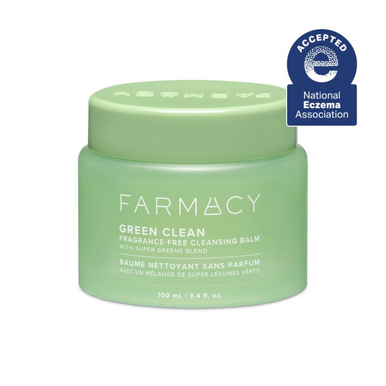 Farmacy Green Clean Fragrance-Free cleansing balm green jar with National Eczema Association seal on white