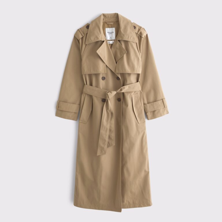 Abercrombie classic camel belted trench coat, front view