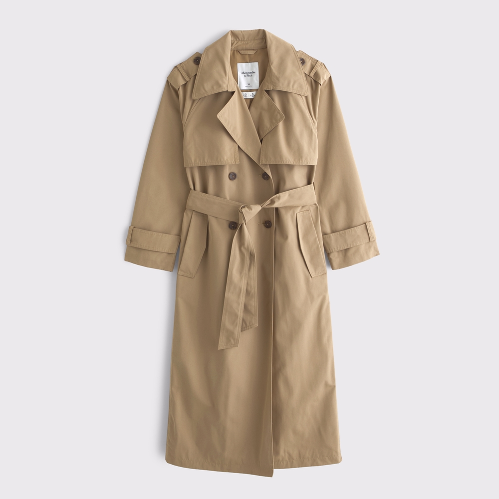 Abercrombie classic camel belted trench coat, front view