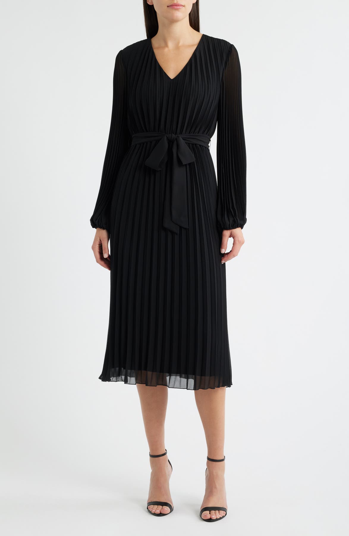 Black pleated long-sleeve chiffon midi dress for a fall wedding guest