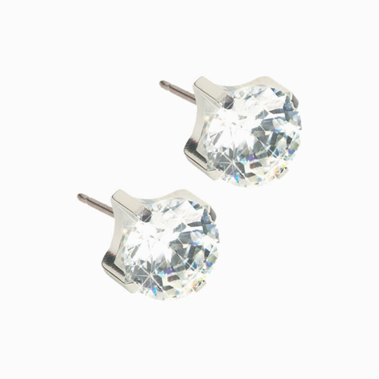 Silver titanium prong-set cubic zirconia hypoallergenic stud earrings on white